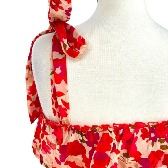 TCEC Red Pink Floral Smocked Mini Dress Ruffle Hem Tie Straps Size Large - Picture 9 of 12